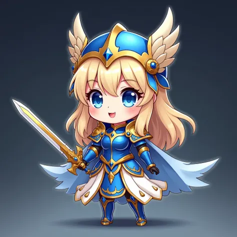 Create a full-body illustration in chibi style of a divine warrior in blue and gold armor, with simple and intricate details that evoke a celestial and powerful look.
Use the character as a base " Lenneth" of the game " Valkyrie Profile". The character sho...