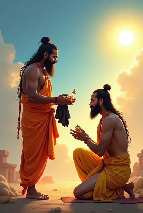 The image shows two Hindu men, one standing and one kneeling on a rock with both hand are rise up, facing each other. 

The man standing is wearing an orange dhoti and has long hair and a beard with jata on head. He is holding a black cloth and a small bag...