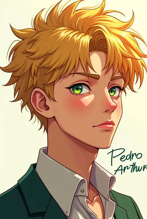 Frio, a guy with blond hair, green eyes, anime-style who has the name Pedro Arthur on the side