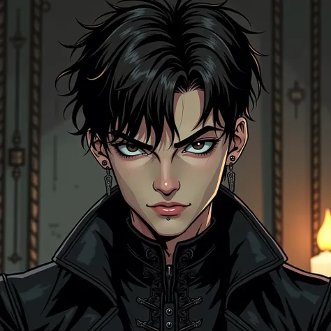 Create an image in a comic book style of a portrait of Kenneth, a young man with a commanding gothic aesthetic and a rugged demeanor. He has pale skin contrasted by piercing black eyes, accentuated with bold black eyeliner that adds an intense edge to his ...