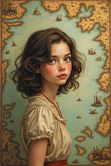 The cover of an old book includes an old island with an old map with animals and a beautiful brunette girl with medium brown hair and eyes 
It was like they were going to be two old girls and her mother and father are in a corner on the right from afar