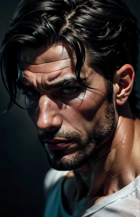 (((ultra realistic))) man European look black hair grey eyes muscular body white shirt front side face grey background dynamic lighting