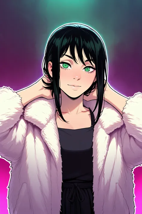 masterpiece,best quality,amazing quality,
artist: melkor,, (artist: incase:0.7), white outline glow, chromatic abberation, blurred background, dimmed background,
1 girl,  alluring, pose, 
fubuki (Chainsaw man), 1girl, solo, dress, fur coat, green eyes, loo...