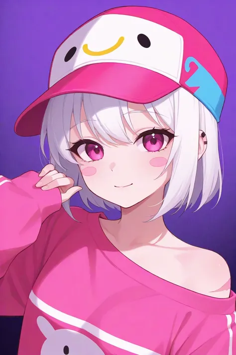 Anime girl wearing neon-style cap ,  white hair,  with a smiley face in neon pink and blue, scars, stickers,  smiley face,  from the whole scene 