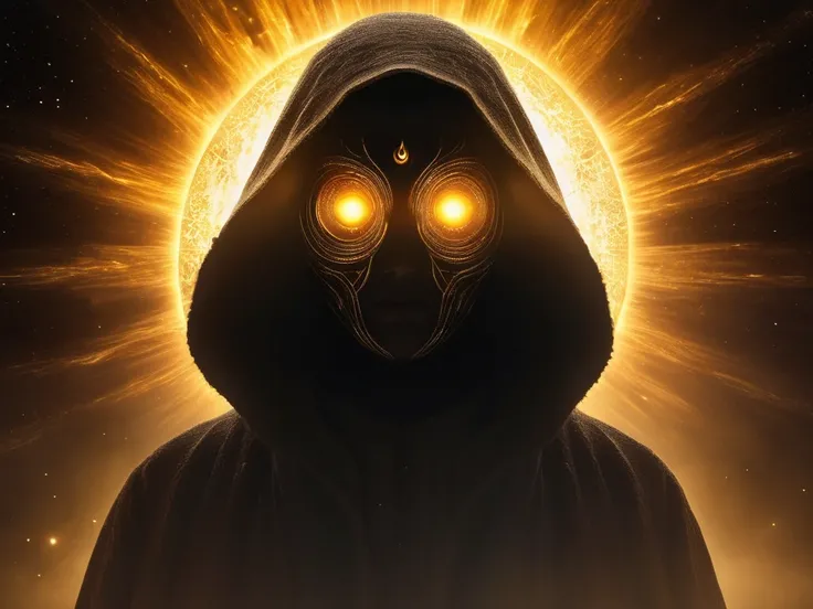 A mysterious and intense scene featuring glowing golden eyes with a fiery, cosmic glow emanating from the pupils. A small, shadowy figure is seen standing within each eye, surrounded by a radiant burst of light. The background is dark and mystical, with a ...