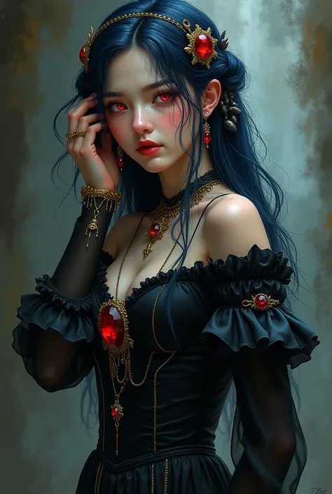 dark  fantasy drawing art style with realism, woman, warm pale colored skin, long dark blue hair, red and gold jewlery on head, in a gothic horror background, wearing golden accessories, wearing a long black gothic victorian themed dress, adult, glowing sm...