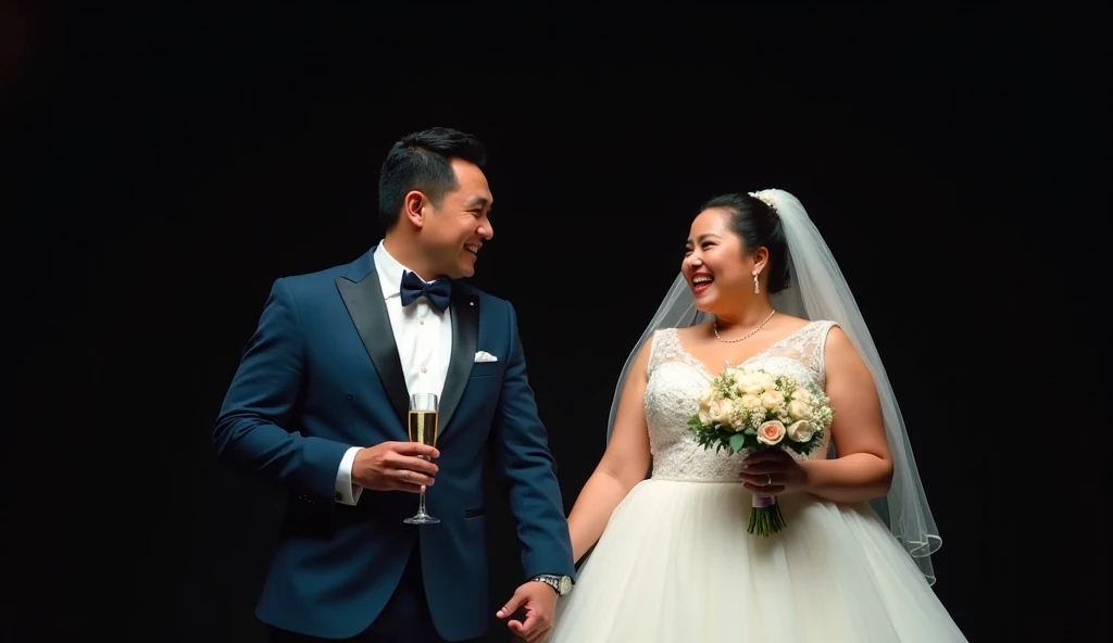 A cinematic and emotional scene featuring a wealthy Asian man marrying an overweight bride as part of a bet. The bride, a confident and radiant woman in a luxurious white wedding gown, holds a bouquet of flowers and smiles warmly. The groom, a sharp-lookin...