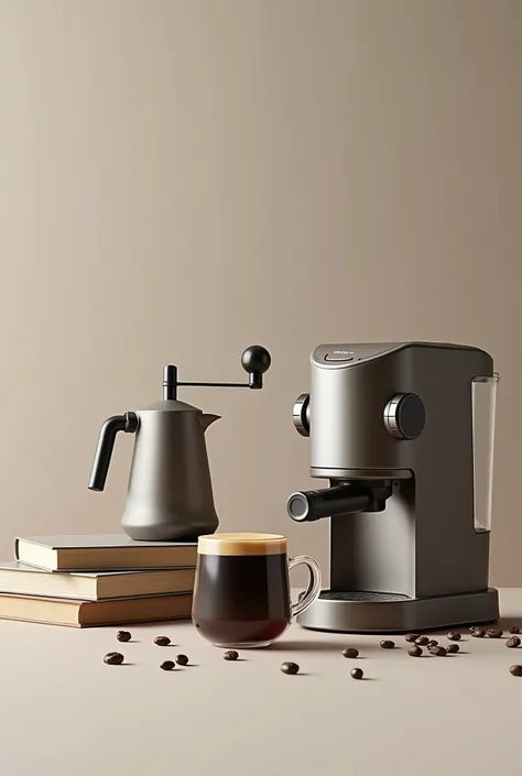 Bolbol espresso machine and Bolbol mill with a glass cup containing an espresso shot, books and scattered coffee beans