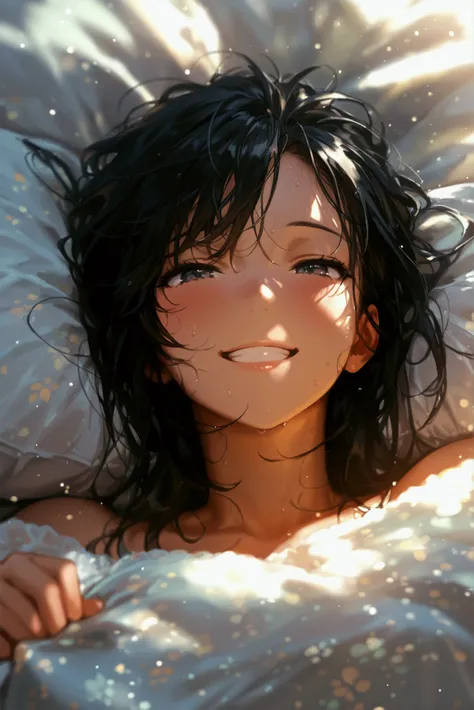 {best quality}, {very aesthetic}, {ultra-detailed}, {best illustration}, nsfw, girl, black hair, sex, woman on top, on bed,imminent vaginal,outdoors,grin