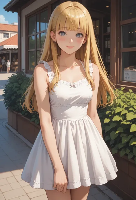 Score_9, score_8_up, score_7_up, score_6_up, source_anime, rating:general, 1girl, golden blonde hair, pale skin, long hair, hime cut, stunning grey eyes, shy smile, blush, lip gloss, sundress, cute sundress, medium sized breasts, slender legs, perfect legs...