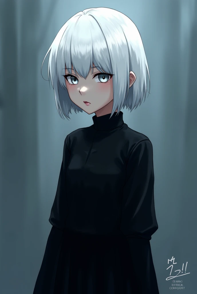 anime style Bleach ,  small girl ,  short white hair , silver eyes, black clothes ,