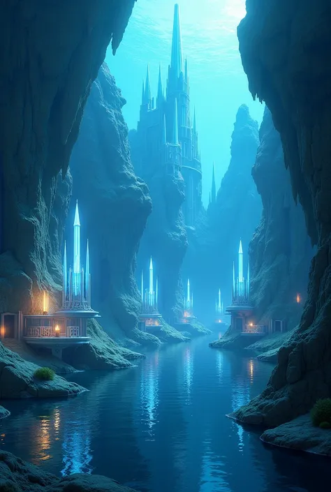 " A submerged city with crystal buildings and bioluminescent lights, visible through incredibly clear and calm waters ."


