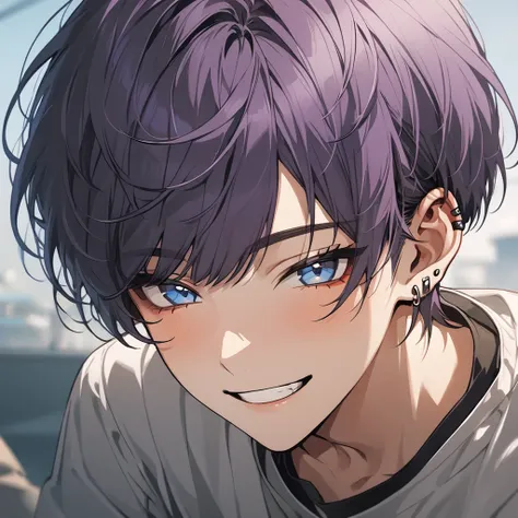 1 young boy, blue eyes, purple hair, tooth braces, smiling, playful, ethereal, piercings, korean, bowl haircut, face close-up, cool, handsome,straight bangs, K-pop, white shirt
