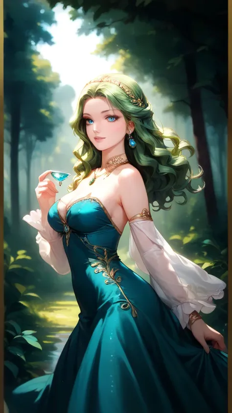 1girl, (aqua blue eyes), (dark forest green hair), pale skin, long wavy hair, green sapphire necklace, elegant dress with burgundy satin fabric, dress with gold border, dress with long, transparent, flowing sleeves, anime, 2D , detailed, fine big eyes, 26 ...