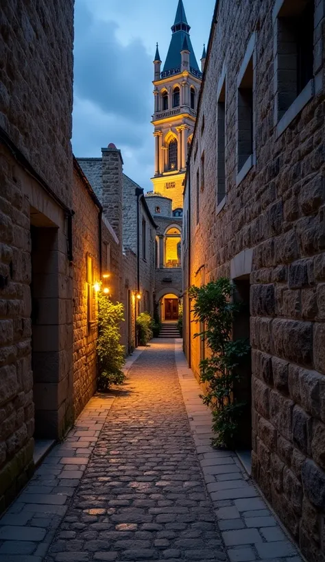 "An ancient stone city in perspective, with narrow, winding pathways and structures made of weathered stones. In the background, a majestic and beautifully detailed church rises, its architecture reflecting historical grandeur. The church is softly illumin...