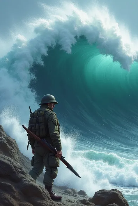 A wave painted next to a soldier with a gun and a knife in his teeth 