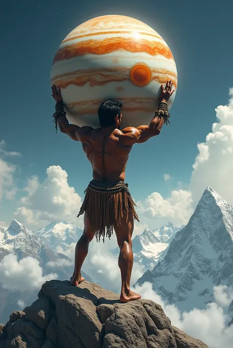 Muscular Amazon Indian man with his back holding the planet Jupiter with his arms raised high on a mountain 
Photo 