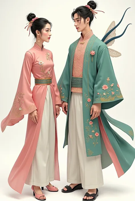  Draw a detailed designFemale figure : ( Vietnamese style four-body shirt )
Trang phục:
- Shirt  dài tứ thân: pale pink,  decorated with spring and cherry blossom pattern .
 - Pants : white,  exude beauty elegance and sophistication of the tunic .
 - Acces...