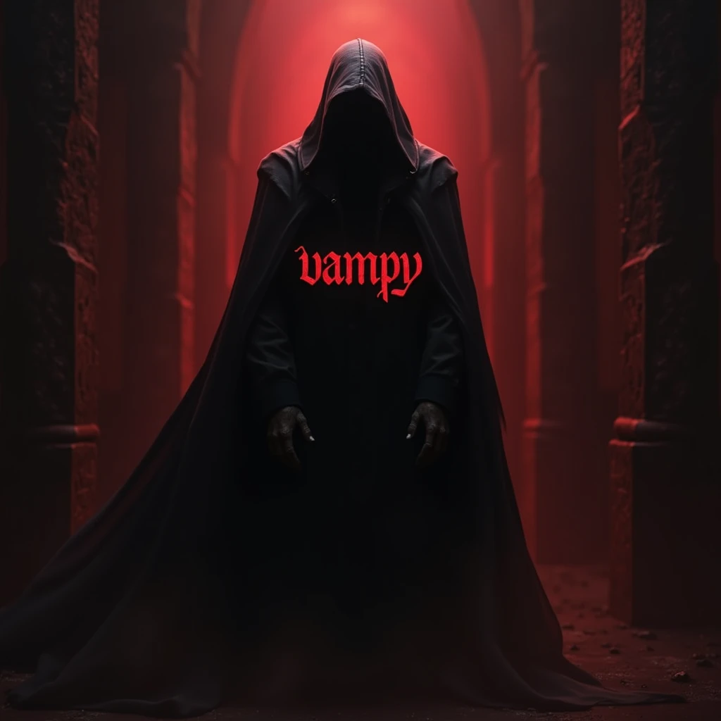 A vampire with his head covered by a hood standing in a horrifying way facing his BACK. Write "VAMPY" in the mid of the image. The background should be Maroon And Dark Red Tinted