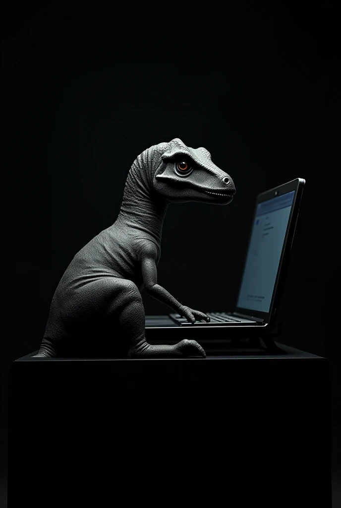 Create an image of a dinosaur dressed in black and that is sitting in front of a computer with its back, that the background of the image is all black, that you can only see the light of the computer screen and that on the screen it says real TikTok follow...