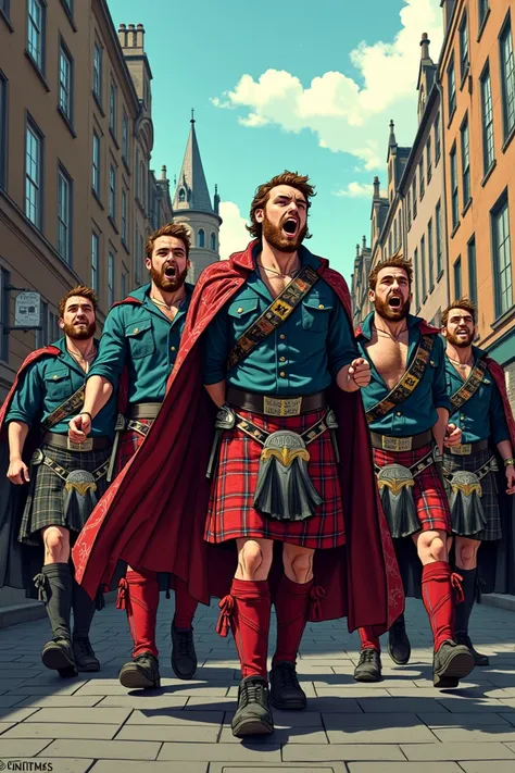 Create an epic illustration about Scottish people in Edhinburg dressing kilt on the street like comic book 