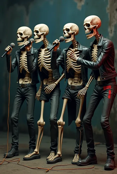 A band of 4 skeletons wearing a  ,with a punk crest ,  biker jacket with their pants open and singing with a microphone 