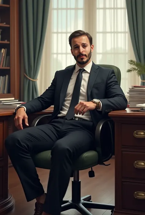 , a man wearing a suit without a coat sitting at a desk in the office with his legs crossed 
 N. Without changing any features in the original picture  