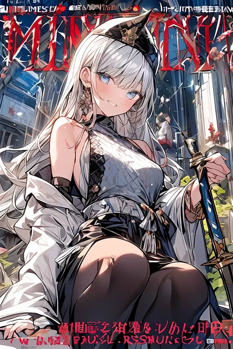 (from below:1.2),((1girl, silver hair, long hair, qutel blue eyes, beautiful eyes, pretty smile:1.5, ), ( off-shoulder dress, sweater dress,, santa hat, black tights, santa boots), (((holding ominous japanese sword:1.1 ))), ((battlescene,slashilg,killing t...