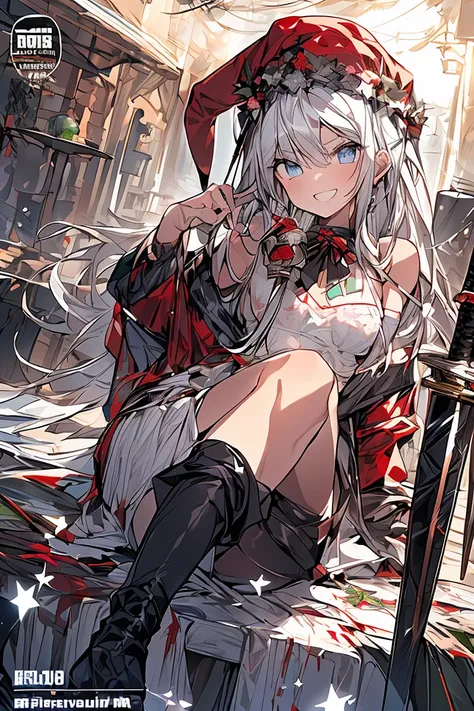 (from below:1.2),((1girl, silver hair, long hair, qutel blue eyes, beautiful eyes, pretty smile:1.5, ), ( off-shoulder dress, sweater dress,, santa hat, black tights, santa boots), (((holding ominous japanese sword:1.1 ))), ((battlescene,slashilg,killing t...