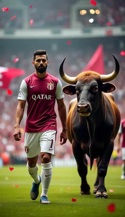 A dynamic football stadium scene filled with passionate fans waving Qatari flags in the background. A football player representing Qatar walks confidently in the foreground, wearing a maroon and white national team jersey with ornate symbols. Walking right...