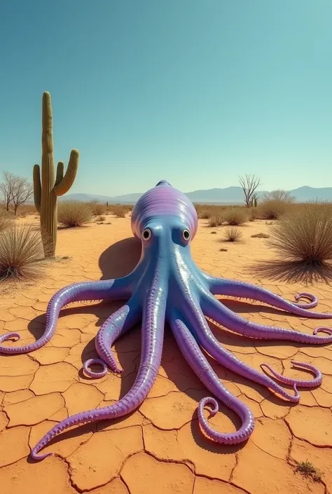  A giant squid in the Northeastern hinterland ,  with its tail and tentacles extended over an arid landscape without lush vegetation,  characterized by a vast and clear sky .  The squid has a surreal appearance ,  with contrasting shades of purple and blue...