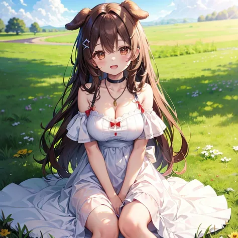 (( top quality )), ((masterpiece)), (  Details), ( super high res)、 cute girl、 very young、
(Brown Hair、Very long hair、 wave)、 big breasts、 cleavage、(Dog Ears、A dogs tail is growing from the waist)、
perfect face、Perfect Hair、超 Detailsな瞳、超 Detailsな肌、
( white...