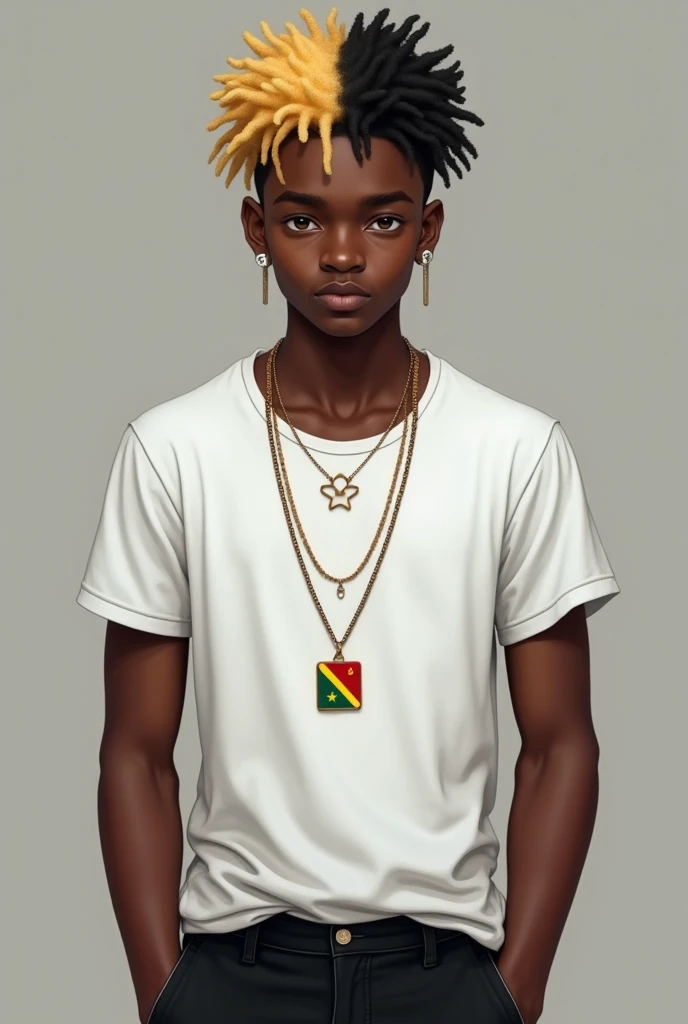 Create a 17-year-old black man ,  with fingers fulfilled on one side black and on the other side blonde

He must also have one blue eye and the other brown eye.

Must wear a plain white t-shirt and black pants

You must also wear a necklace that the pendan...