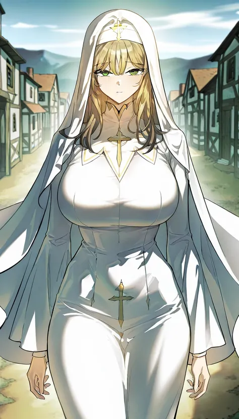 masterpiece, best quality, amazing quality, very aesthetic, absurdres, newest, scenery, 1girl, solo, huge breasts, blonde hair, long hair, green eyes, brown hair, nun, habit, turtleneck, white dress, white robe, long sleeves, wide sleeves, (cross:0.8), lon...