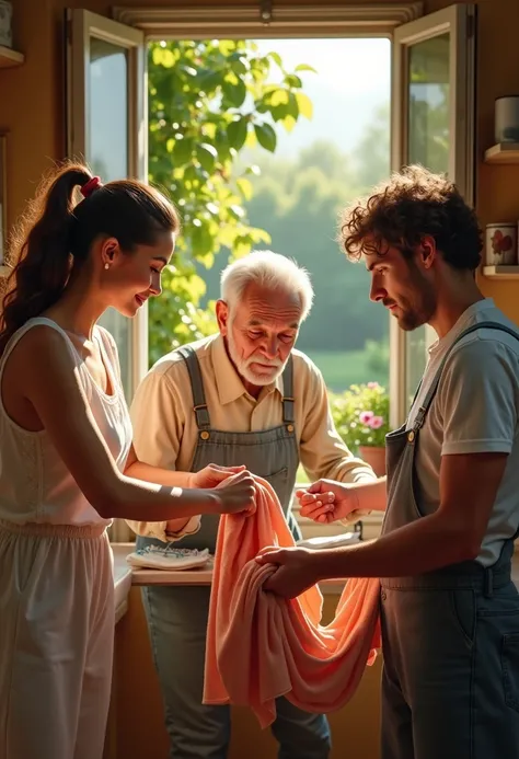 "A realistic image of a young Italian couple helping an elderly man with daily chores, such as laundry and cleaning, in a charming, sunlit Italian kitchen with an open window overlooking a garden. The environment is warm and inviting."