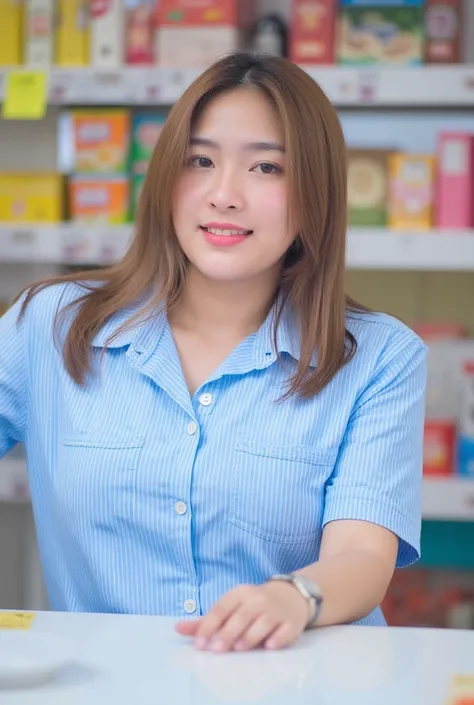 
Prompt - Thai woman in a convenience store uniform, light brown long hair, wearing A light blue, short-sleeved shirt with white pinstripes. It features a collar, buttons down the front, and a pocket with the logo. The logo is also printed on the sleeve, u...