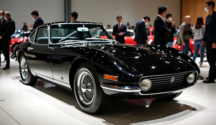 a sleek black colour Toyota 2000GT (1967)in showroom in public 8k hd prompt bna doo full left closeup view full clear