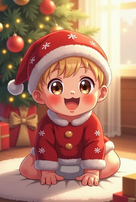  Blond baby ( Anime style and girl )  with visible baby diaper and Christmas clothes, And without elf ears