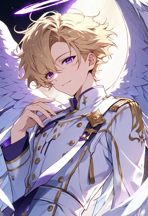 Handsome, solo, 1 male, solo, male, purple eyes, short hair, blond hair, white shirt, white uniform, angel, wings, purple halo