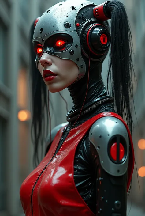 A robotic android with grey skin and is a cyber goth with a black and red mask and black and red hair with tubes and pipes as pigtails and a red and black dress with red eyes. 