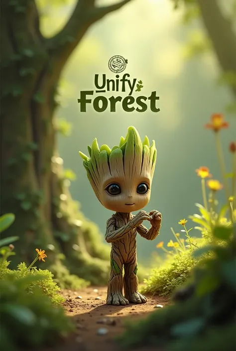  bottomless baby groot by making a heart and with the logo "Unify forest "