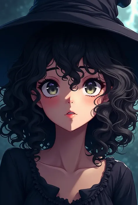 anime curly-haired witch face dark