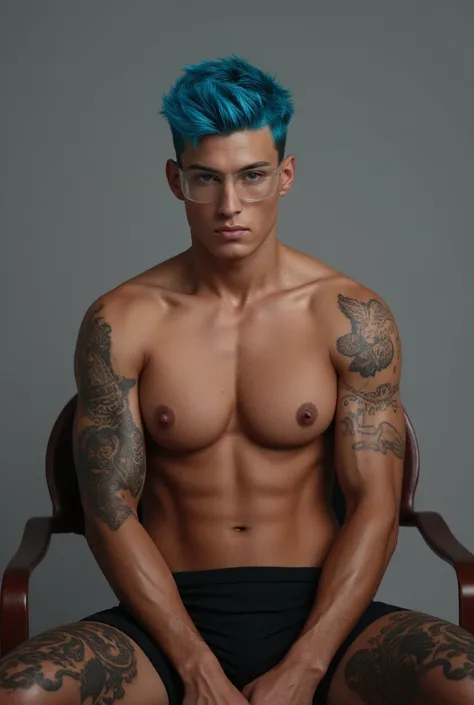   25-year-old male,  Thin but athletic , religious,  arm tattoos, Neon blue short hair  ,   white skin light brown eyes   ,   high quality hyperrealistic look   ,   Full body sitting in a chair with translucent fashion glasses 