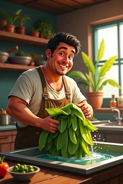 Act like a Venezuelan and make an image of a man in a kitchen washing banana leaves. The man who is a little bit fat and looking forward