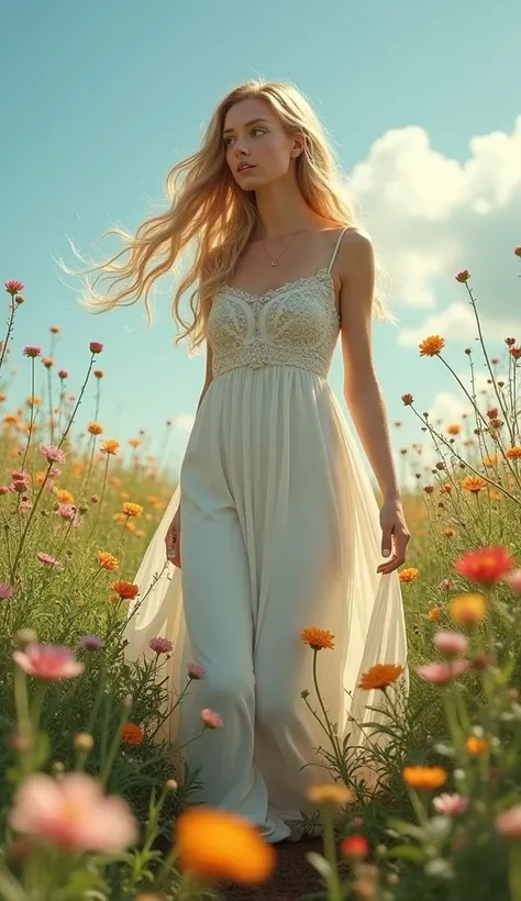 Une belle déesse aux cheveux dorés et une robe blanche est surprise dans un champ fleuri, au moment où la terre commence à souvrir sous ses pieds