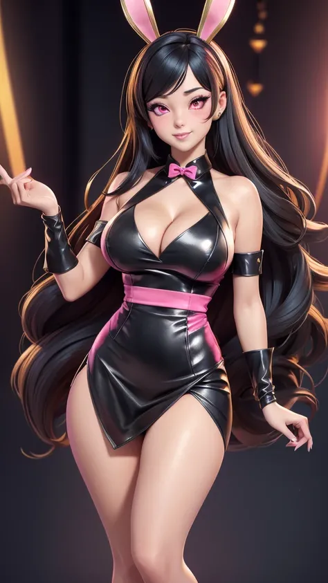 Golden bunny ears girl anime and gold black dress wearing sexy casino employee dress, bird blood high waist skirt, pink eyes, straight hair, full black hair holding chip in her hand 3D busty big titted girl bunnygirl realistic sweet bunny girl fantasy digi...