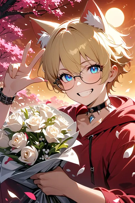 1man, blond short spikey hair, blond short spikey hair, blue eyes, cat ears, eyes winking, slight blush, laugh, hint of teeth, red hoodie, glasses, left peace sign, left hand doing peace sign above head, left hand peace hand on head, white bouquet,(right h...