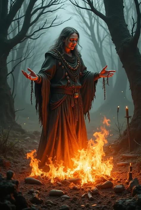 a medieval witch dancing around a bonfire