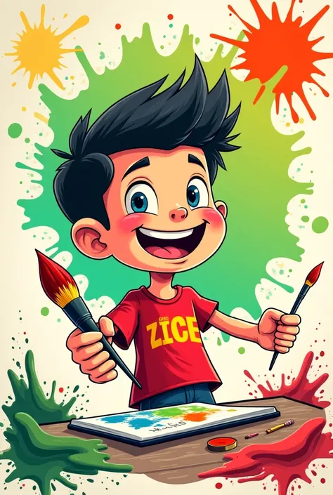  Comic poster of a  boy with marker and brush ,  with drops of paints in green , red, Wishing you happy 2025 