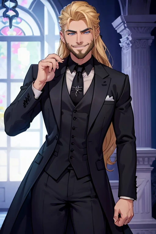 Perfect face. Perfect hands. A muscular blonde hair man with blue eyes and long hair and dark beard in a Goth suit is smiling while leaning forward in a Gothic ballroom